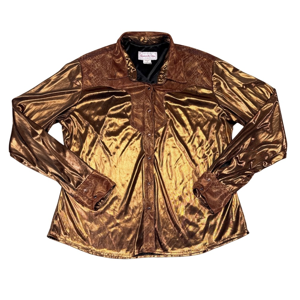 Panhandle Slim Western Shirt Womens XL Pearl Snap Button Gold Metallic Cowgirl